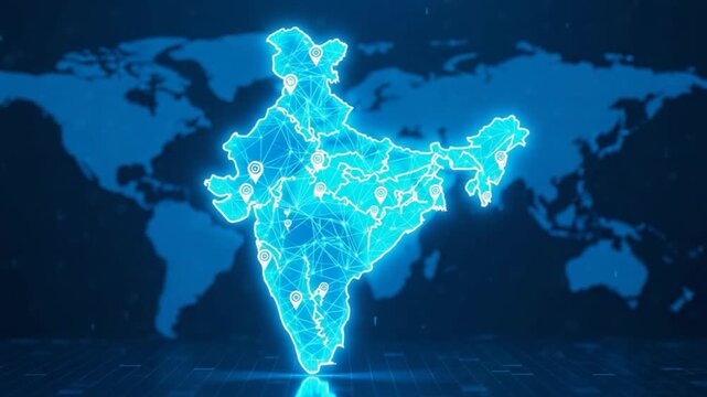 A vibrant and illuminated digital representation of the country of India is showcased with a network of interconnected points, all set against the backdrop of the globe.