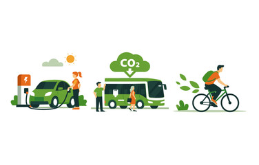 Fototapeta premium Eco-friendly transportation: electric car, bike, and bus with green energy concept