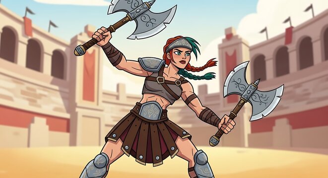 Female Warrior with Axes in Ancient Arena.