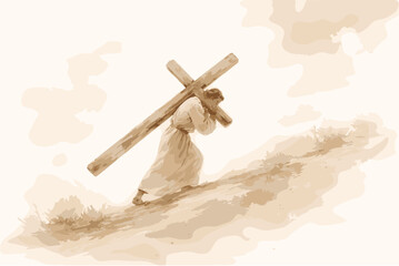 Watercolor depiction of christ carrying cross on hill in serene landscape