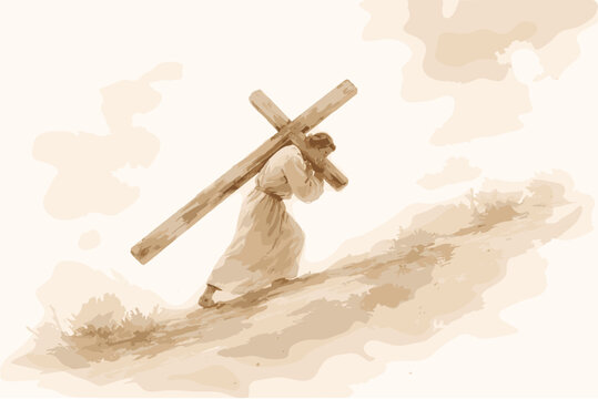 Watercolor depiction of christ carrying cross on hill in serene landscape