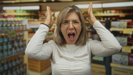 Blonde woman holds hands to head in a colorful supermarket aisle with stocked shelves and displayed products; frustration.
