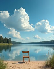 Fototapeta premium Empty chair sits on sandy shore facing calm lake water reflecting blue sky and white clouds. Forest lines distant banks, creating serene natural landscape.