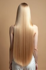 Obraz premium Back view woman long blonde hair smooth straight texture shiny beauty. Healthy hair care. Neutral background with soft light. Hair coloring concept.