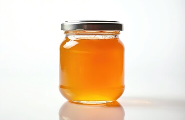 Glass jar with golden orange jam sits on reflective white surface. Transparent container filled with sweet preserve, sealed with metal lid. Isolated studio shot.