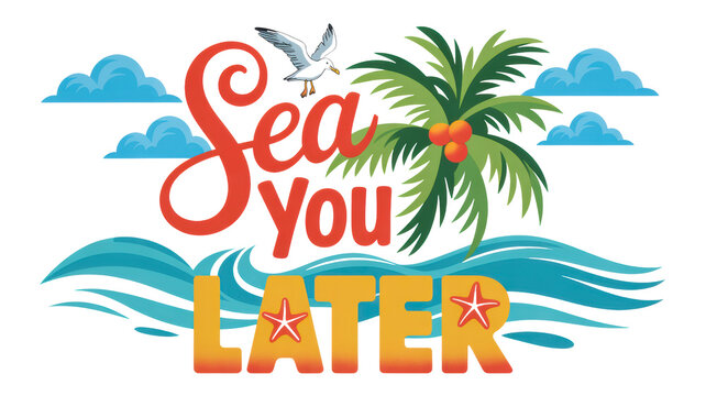 Sea you later summer vacation pun with beach elements and a playful design isolated on transparent background