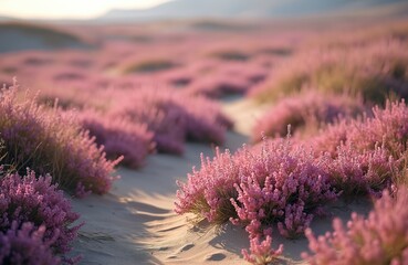 Fototapeta premium Sandy dunes covered with blooming pink heather flowers create a vibrant natural landscape. This scene shows wild flora growing in arid terrain with soft light.