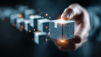 Businessman presenting glowing cube in modern workspace with technology