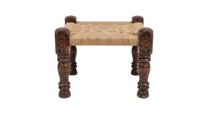 Handcrafted wooden chauki stool featuring traditional jute weaving and colorful floral carvings
