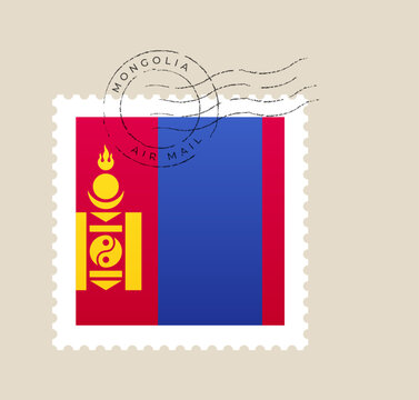 Vibrant Mongolian National Flag Postage Stamp with Air Mail Postmark, a Patriotic Vector Illustration for Travel and Communication Concepts.