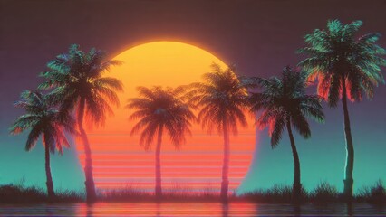 Fototapeta premium Synthwave Palm Trees Sunset