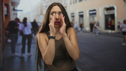 Fototapeta premium Woman cupping hands to mouth on a busy city street with blurred pedestrians and storefronts, calling out loudly; urgent call for help.