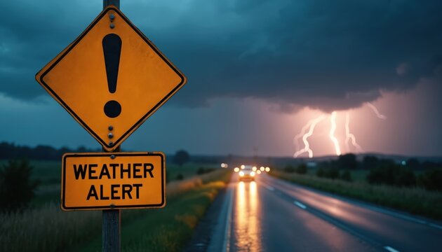 Yellow weather alert sign on roadside. Cars drive on wet road during intense thunderstorm with lightning flashes. Severe weather warning, caution advised.