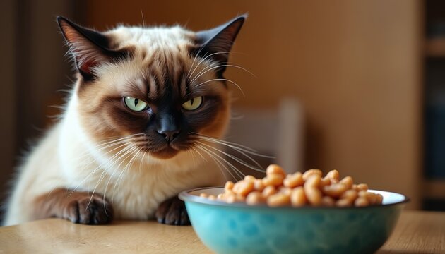 Siamese cat with displeased face look at bowl of food it refuses to eat. Feline pet sits on table next to kibble. Pet owner problem with picky eater animal.