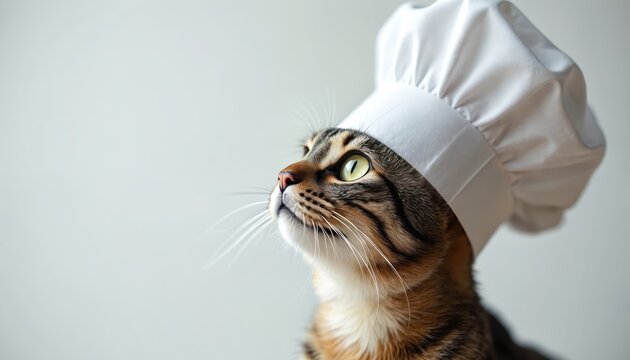 Tabby cat wears chef hat in minimalist kitchen. Animal dreams about culinary arts. Domestic pet ready for cooking class. Whimsical pet owner concept.