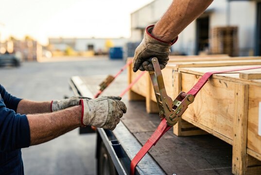 Workers secure wooden crates on a truck using straps and tools during daylight at a loading dock in a busy warehouse area