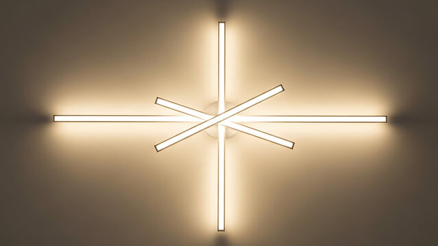 Modern cross shaped ceiling light fixture with four long glowing bars isolated on transparent background