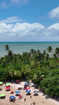 Coqueirinho Beach At Joao Pessoa Paraiba Brazil. Stunning Tropical Coastline Beach Scene Viewed From Above. Shore Clouds Beach Sea. Shore Panning Wide. Joao Pessoa Paraiba.