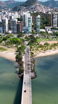 Coast Beach At Vitoria Espirito Santo Brazil. Breathtaking Aerial View Of A Lush Tropical Coastline Scenery. Town Sky Clouds Backgrounds Urban. Exterior Backgrounds Panoramic. Vitoria Espirito Santo.