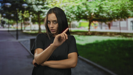 Fototapeta premium Woman pointing finger with crossed arms and stern gaze in street park beside trees and lamppost; warning authority.