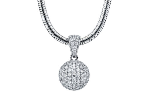 Ultra-photorealistic macro shot of a glossy white gold snake chain necklace featuring a brilliant pav&eacute; diamond pendant, isolated on a transparent studio backdrop. Concept of flawless luxury