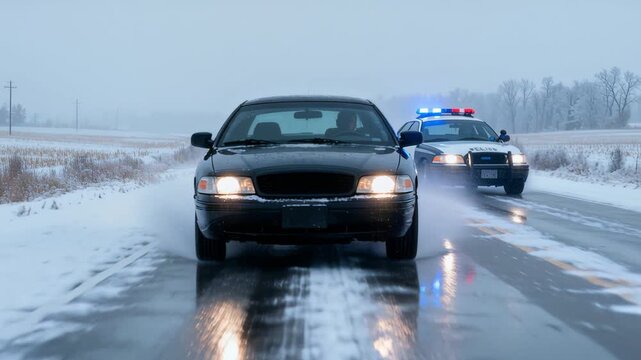 Icy Rural Landscape Under Overcast Sky As Officers Chase Suspects