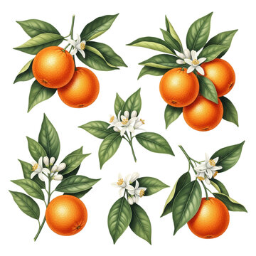 Ultra-realistic photo of vintage botanical watercolor illustrations of ripe oranges, leaves, and blossoms, high-contrast flat lay on transparent. concept of fresh produce