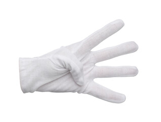 Hand in cloth glove showing number 4 isolated on white