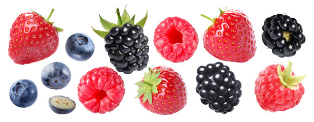 Fresh berries isolated on white. Set of strawberries, raspberries, blueberries and blackberries © New Africa