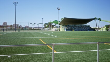 Fototapeta premium Defocused soccer pitch with blurred bleachers, palm trees and floodlights, soft outdoor background behind railing and turf; background copyspace template overlay.
