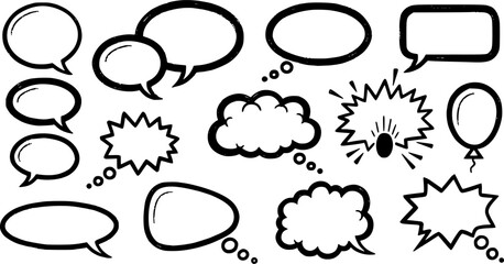 Fototapeta premium Hand drawn speech bubbles with a black pencil or crayon. Cute dialog frames, ballons, clouds for communication