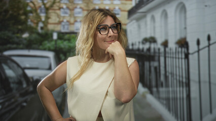 Fototapeta premium Woman with hand on chin and oversized glasses on a leafy city street, one arm on hip, wearing a cream sleeveless top and loose blond hair; quiet contemplation.