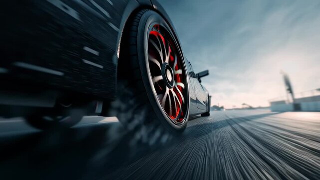 High speed sports car tire spinning on racetrack with smoke and glowing rim, symbolizing power, drifting, and extreme driving performance