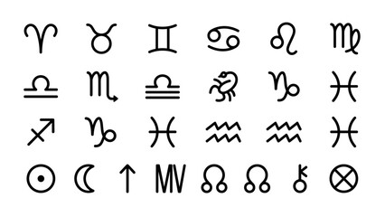 Minimalist Astrology and Zodiac Sign Line Icons Set Featuring Aries, Taurus, Gemini, Cancer, Leo, Virgo, Libra, Scorpio, Sagittarius, Capricorn, Aquarius, Pisces, Sun, Moon, and Celestial Symbols.