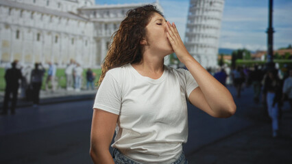 Fototapeta premium Woman in white t shirt with hand to hair and eyes closed by building near pisa tower, smiling softly under daylight; travel joy.