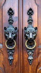 Ornate wooden doors adorned with striking tiger-head handles and golden ring pulls