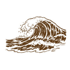 Vintage Grunge texture A large ocean wave crashes with white foam on a white background  illustration of sea wave