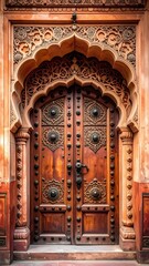 Ornate wooden door with intricate carved archway and metal accents in an old building
