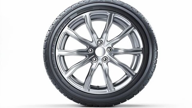 Single car tire with shiny alloy wheel isolated on white background, showing tread pattern and modern automotive design
