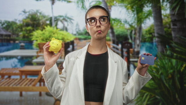 Woman holding a yellow piggy bank and credit card, puckers lips while weighing options beside a pool building; financial choice thoughtful.