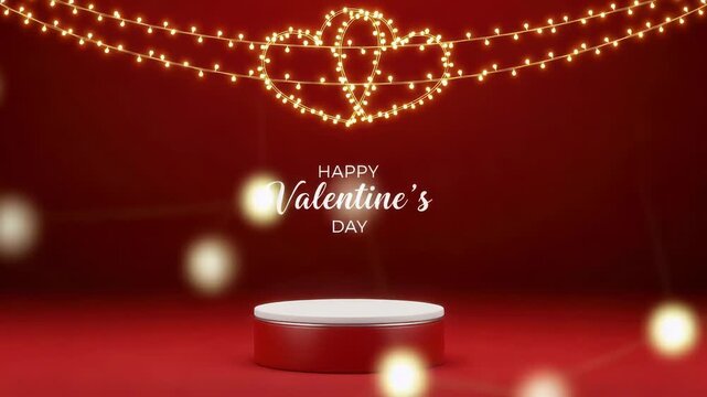 Happy valentines day with a red podium and heart lights