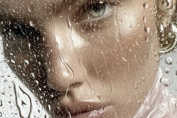 Fototapeta premium Emotive close-up portrait of a woman behind a rain-covered glass, her piercing gaze and soft light reflecting the elegance and renewal of spring.