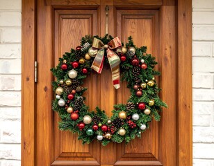 Ornate wreath adorns a wooden door against white brick