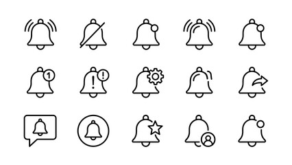 Minimalist vector set of notification bell and alert line icons for UI/UX design. Features ringing, silent, message, settings, favorite, and user alert symbols on a clean white background.