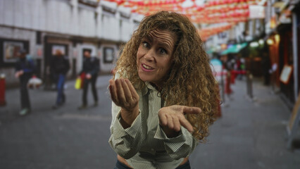 Fototapeta premium Middle aged woman showing open palms in a beckoning gesture on a crowded urban street market with hanging lanterns, blurred pedestrians and storefronts; playful invitation.