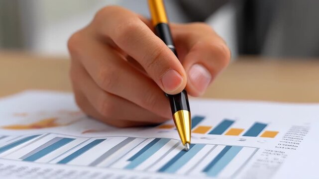 Analyzing the Data: A close-up shot captures a hand expertly guiding a pen across a detailed financial chart. The image is a study of analysis, meticulous precision.