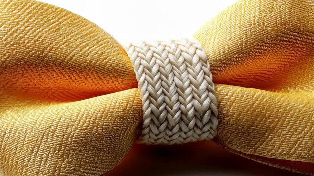 Yellow Bow Tie Detail: A close-up shot revealing the intricate textures and meticulous craftsmanship of a bright yellow bow tie, highlighting the woven details of the knot.