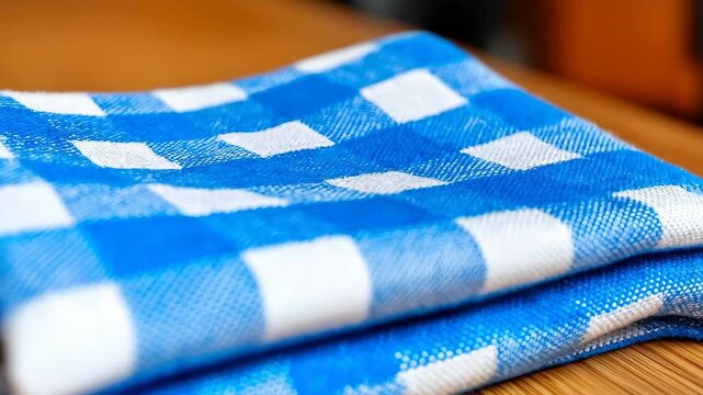 Checked Gingham Cloth: Close-up of blue and white checked cloth. Highlighting the texture and pattern of the classic gingham design, with a focus on simplicity and elegance.