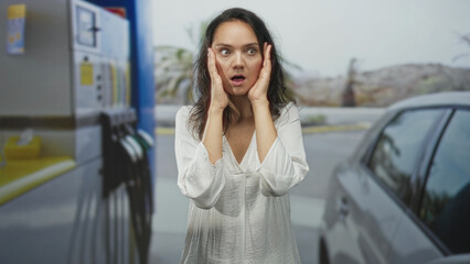 Woman pressing hands to cheeks in shock beside car at gas station street near fuel pump and car door  surprise realization. © Krakenimages.com