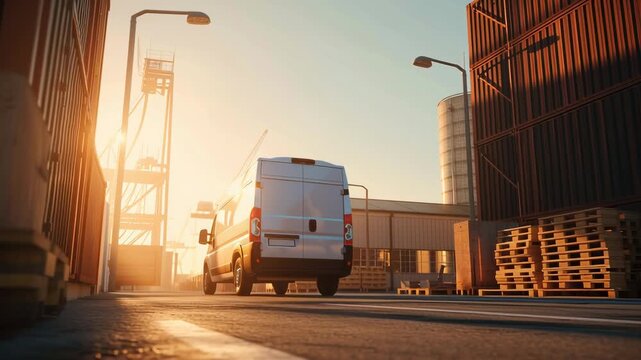 White delivery van driving through industrial port at sunset with cargo containers and cranes, representing logistics, transport, and global shipping